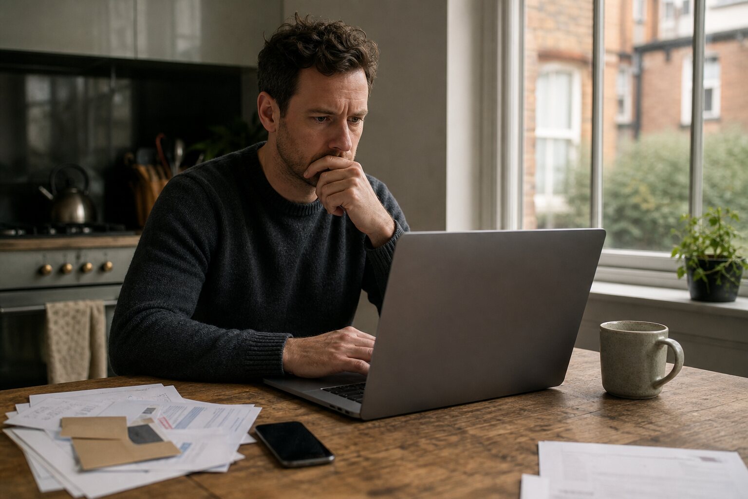Person pausing over a suspicious message at a kitchen table.