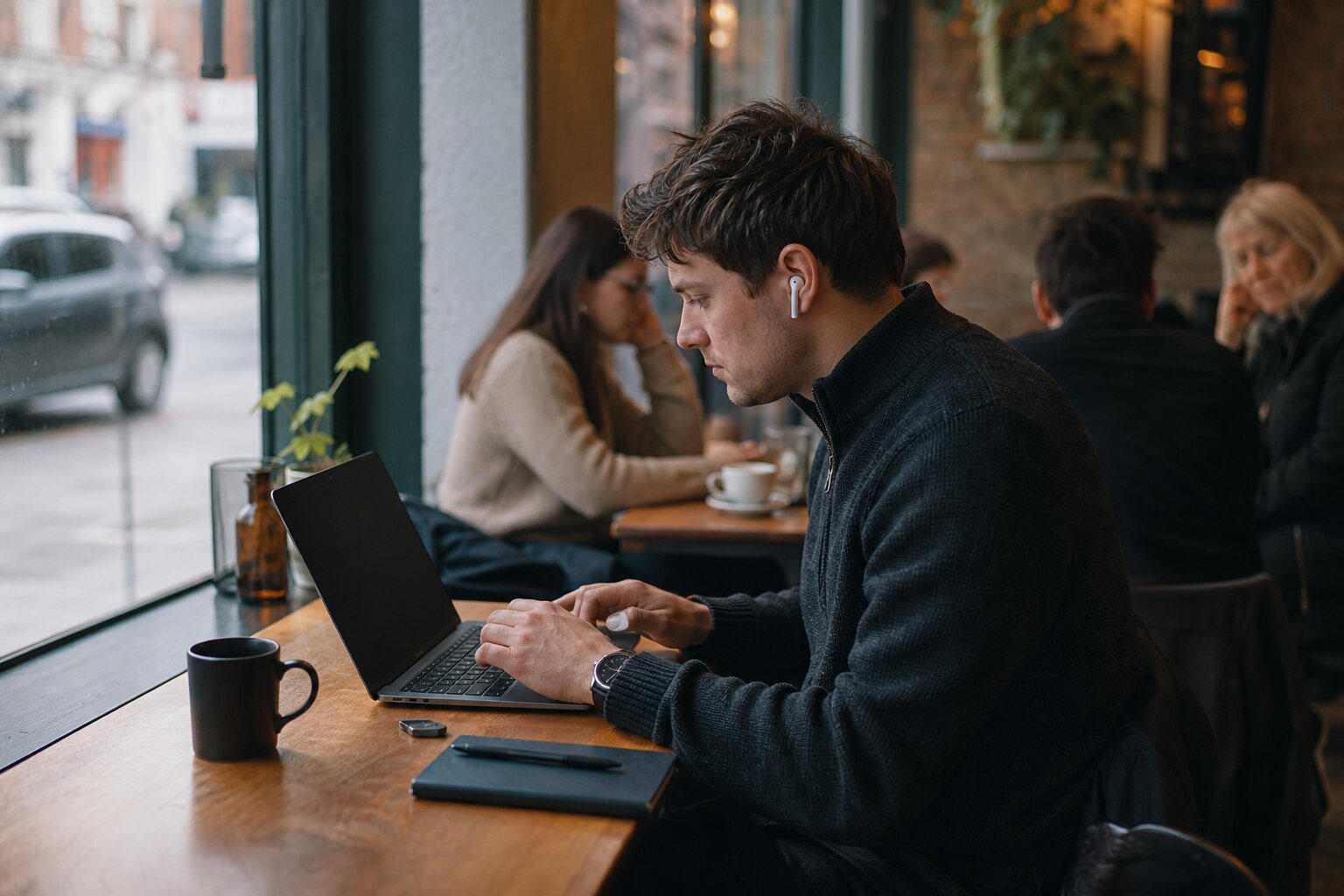 Person using a privacy-conscious laptop setup in a busy cafe.