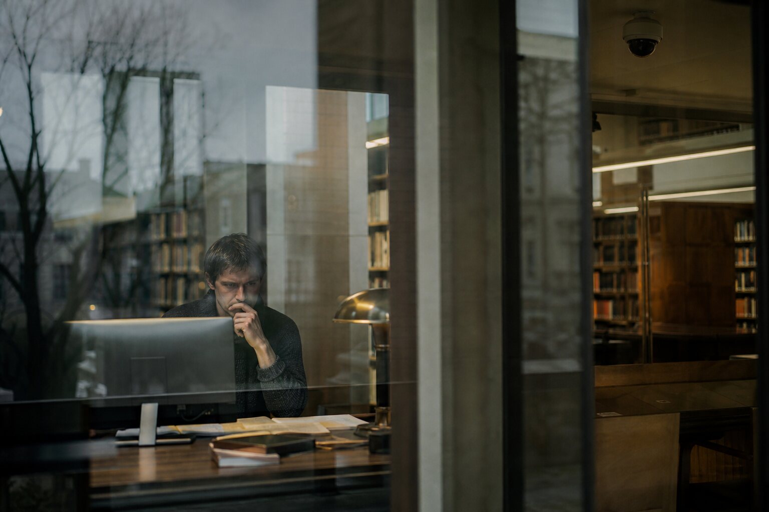 Researcher at a library computer seen through reflective glass beneath a camera.