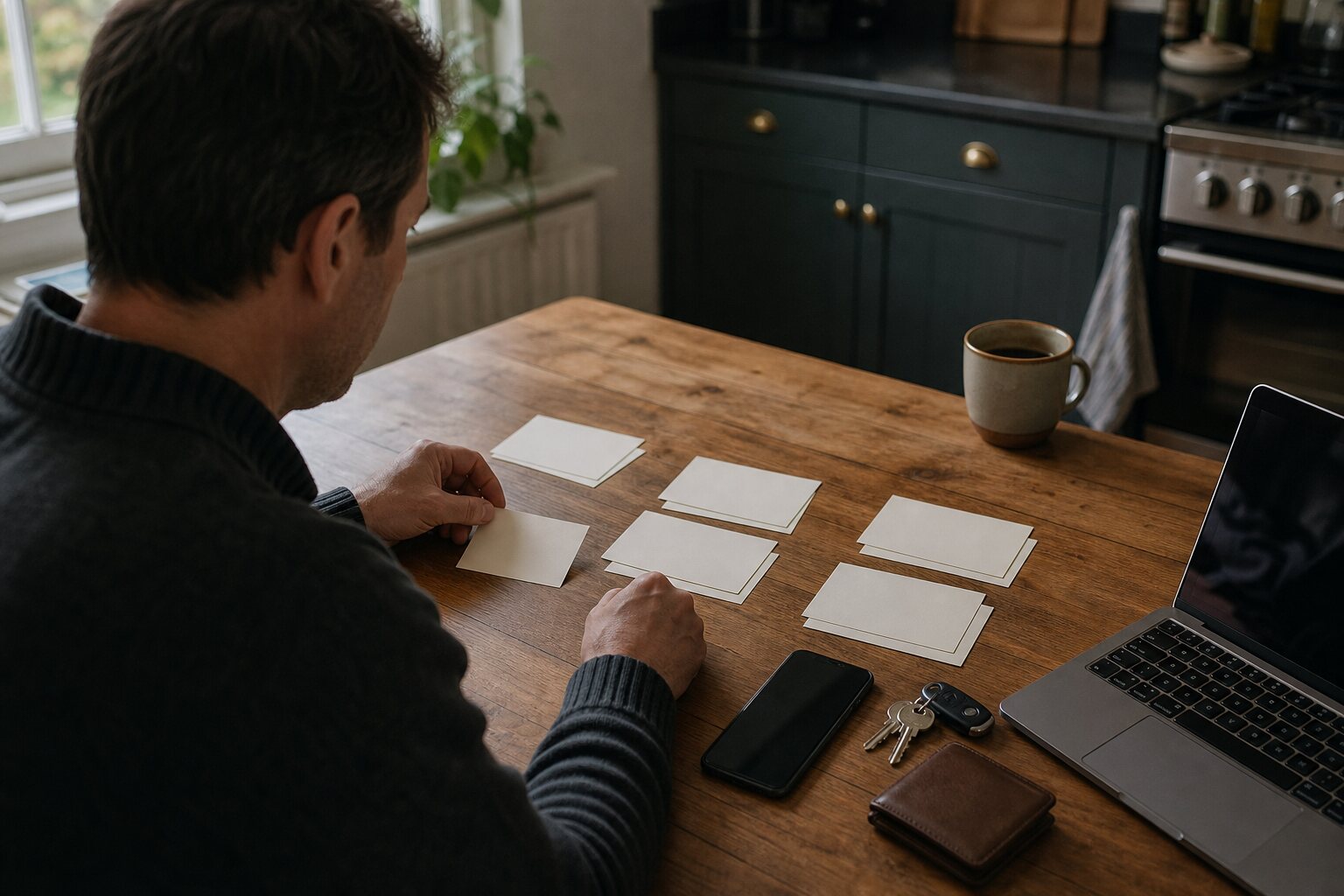 Person arranging blank cards around a phone, wallet, keys and laptop.