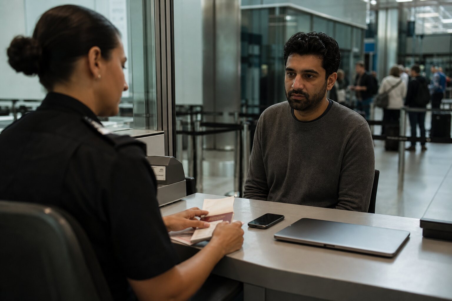 Traveller seated opposite an official with passport, phone and laptop on the desk.