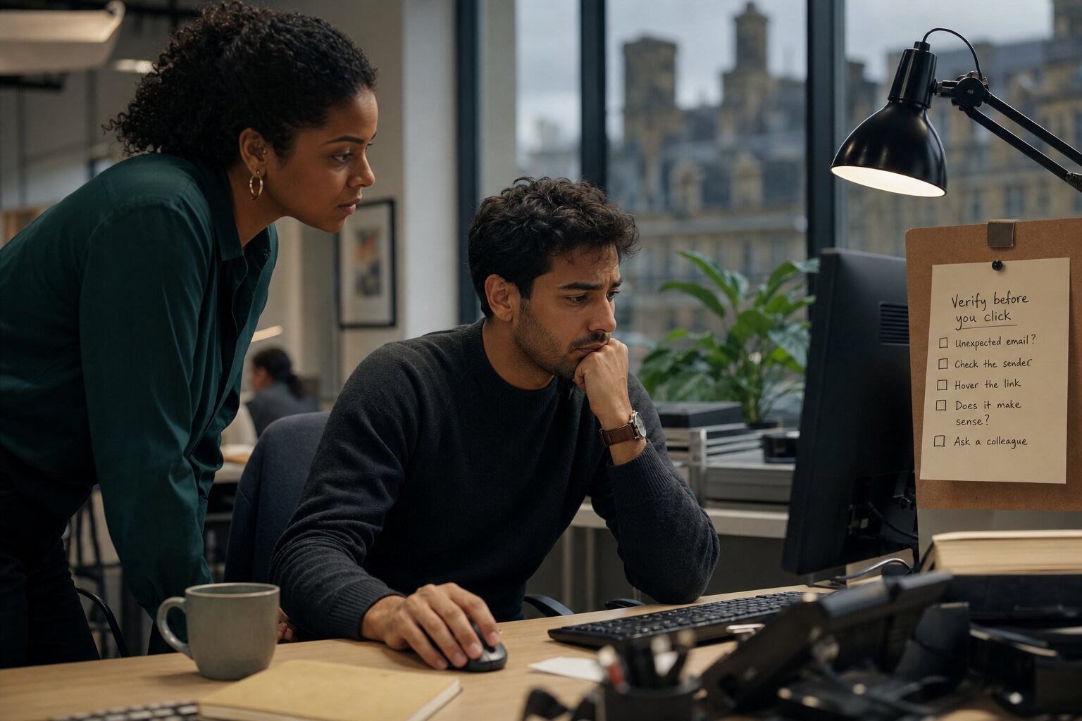 Two colleagues pausing before acting on a suspicious computer message.