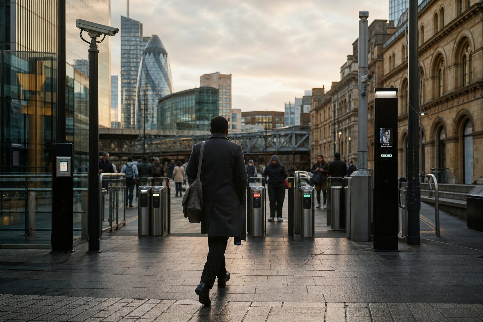 Commuter approaching identity gates beneath multiple city cameras.