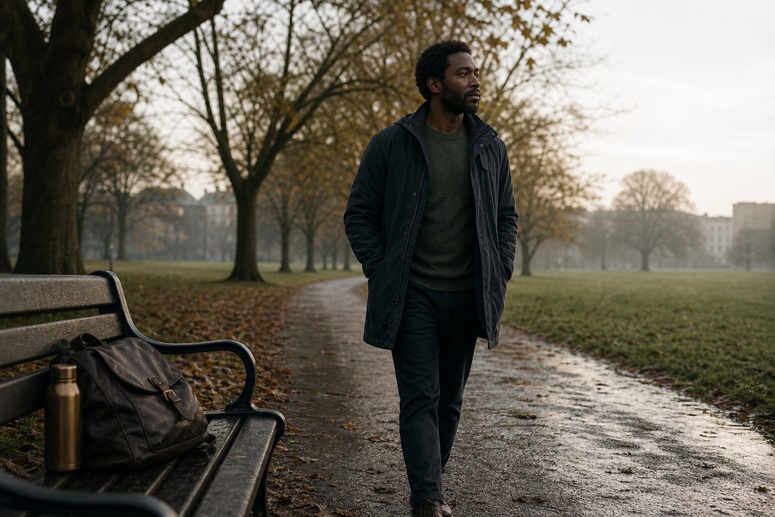 Person taking a restorative walk through a quiet city park.