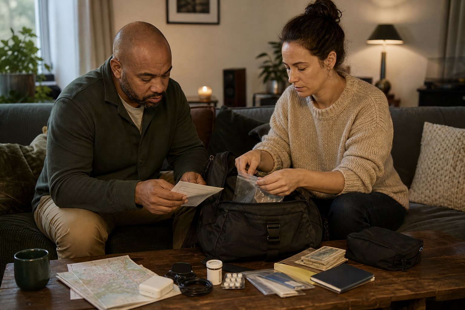 Two people packing documents, medicine, cash, a charger and map into a go-bag.