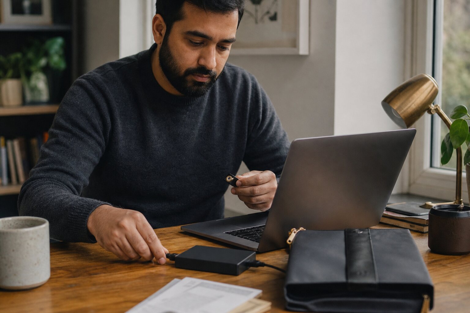 Person connecting a backup drive while checking a hardware key and recovery pouch.