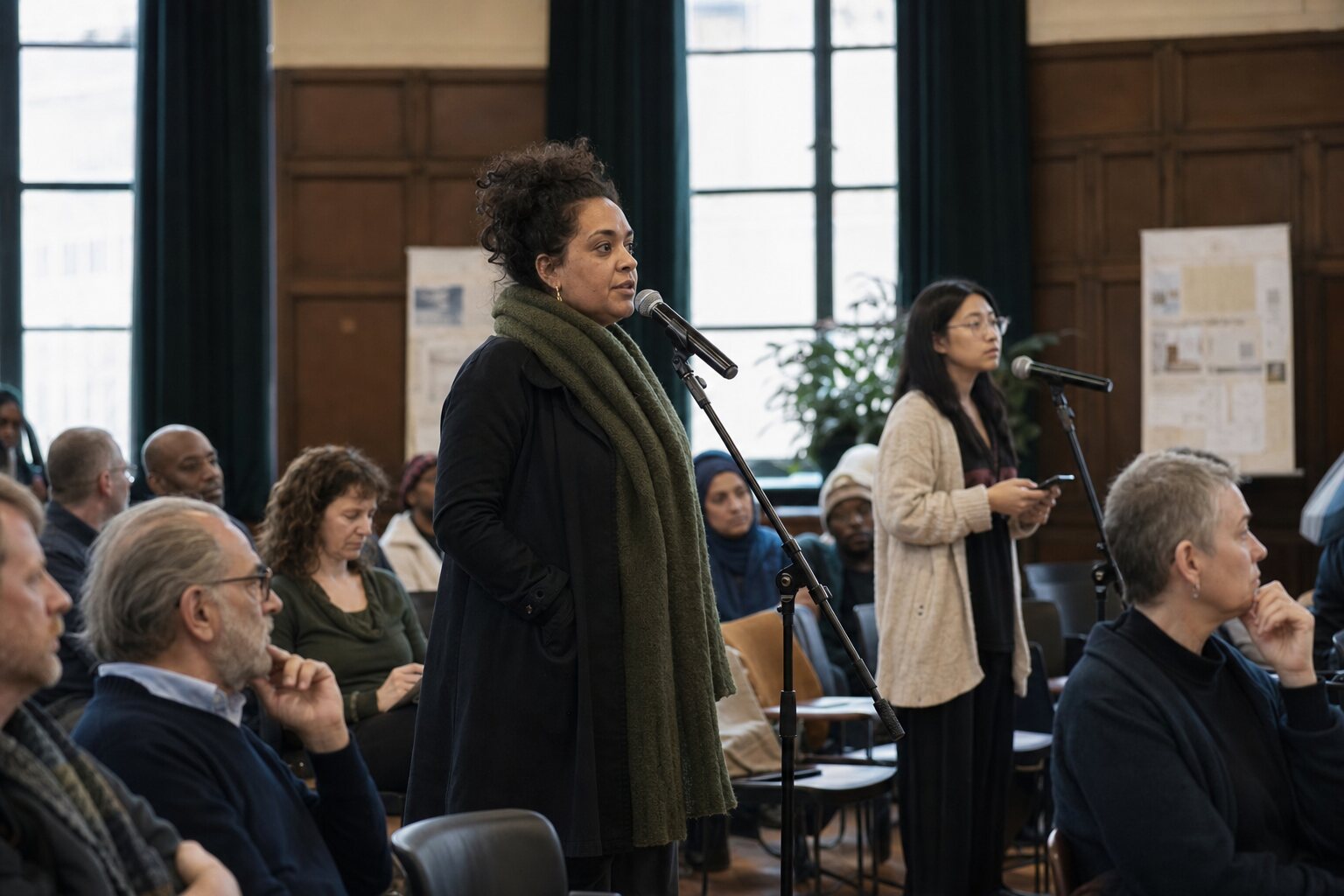 Residents taking turns at public microphones in a civic hall.