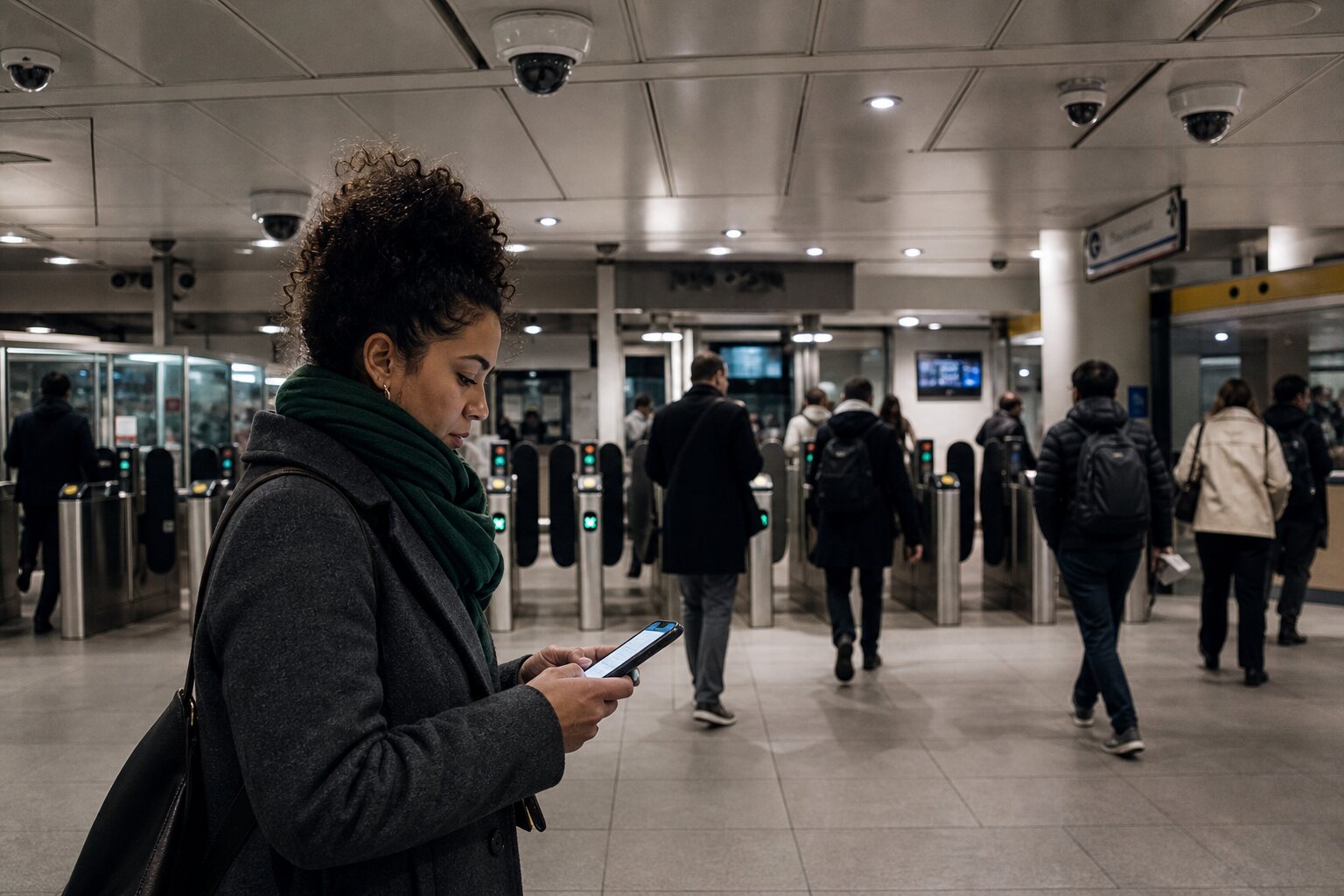Person composing a message at a station entrance beneath many cameras.