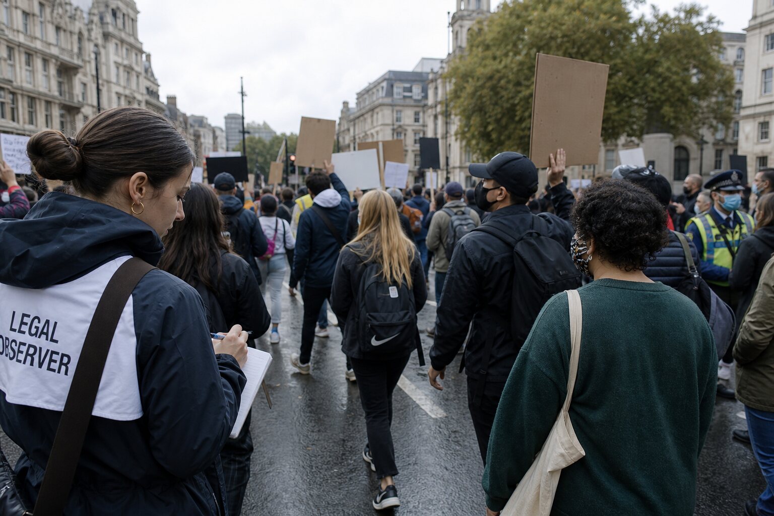 Legal observer taking notes beside a peaceful British street demonstration.