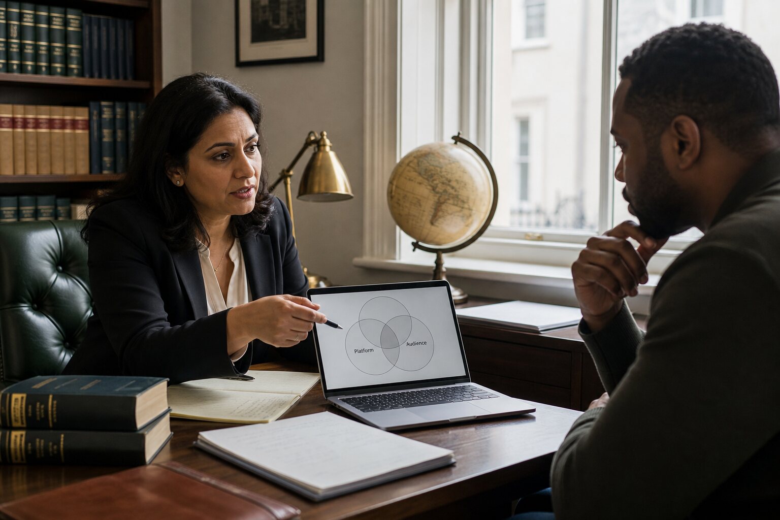 Solicitor explaining overlapping platform, audience and legal boundaries to a client.