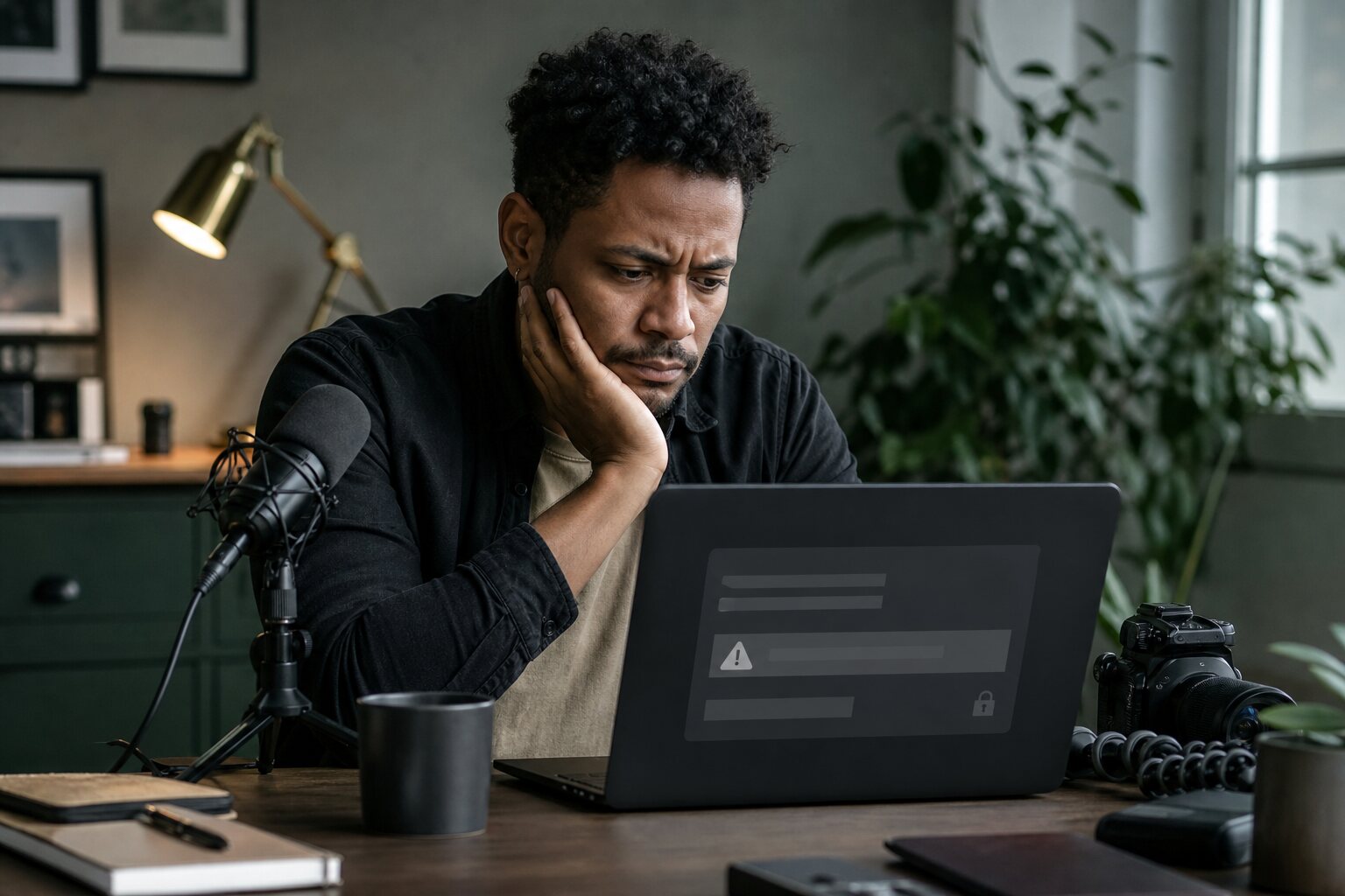 Independent creator facing a moderation block beside recording equipment.