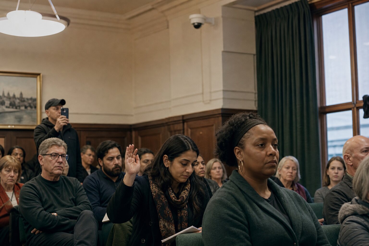 Audience member hesitating to speak beneath a camera and recording phone.