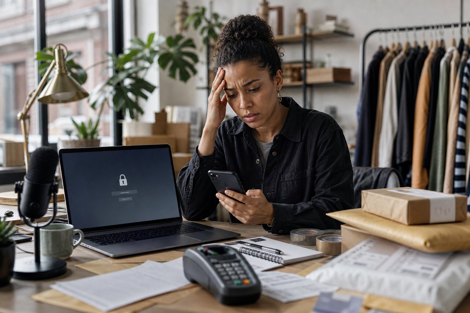 Small business creator facing account lockouts beside parcels and a payment terminal.