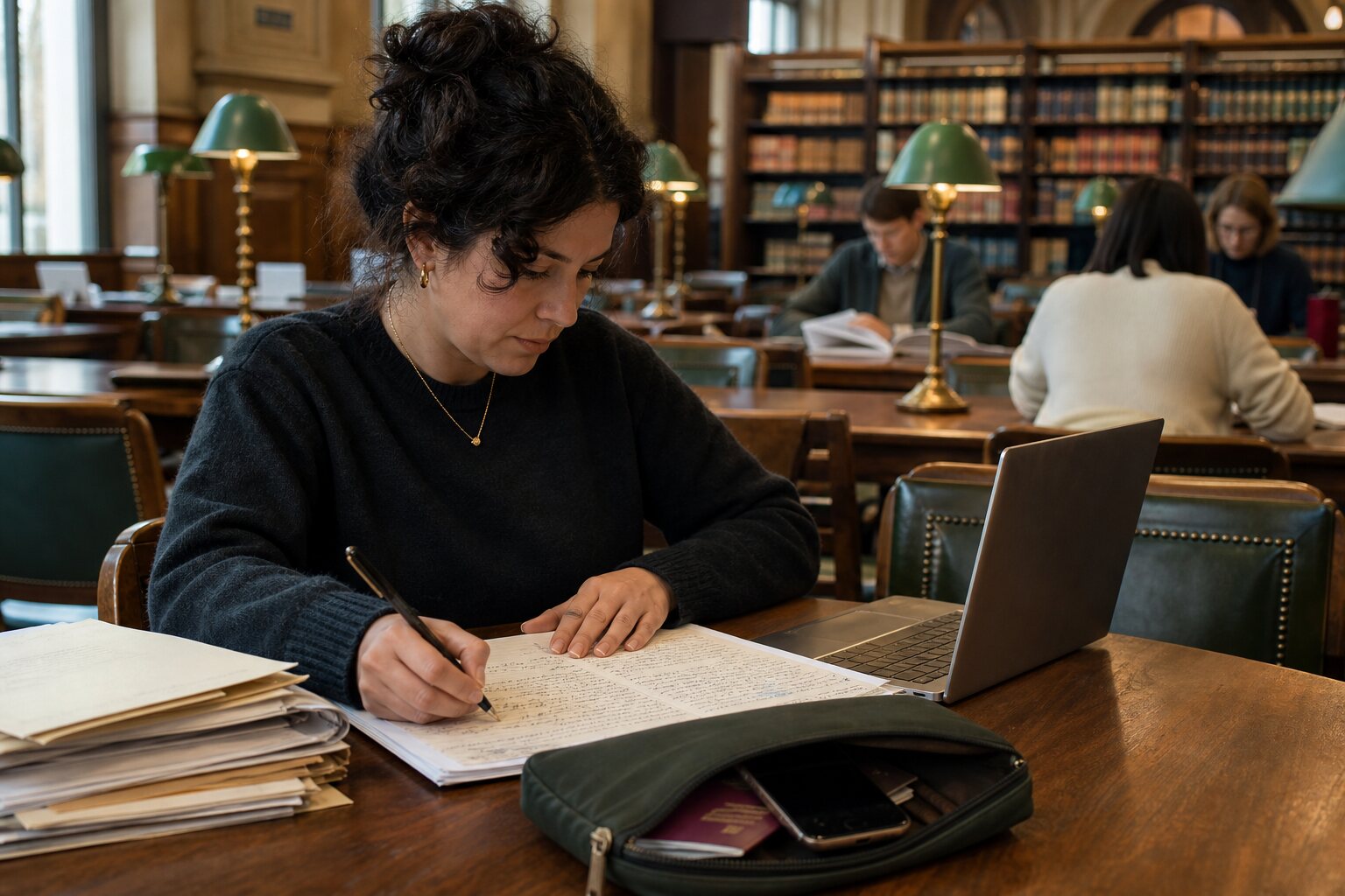 Writer drafting under a pen name while identity documents remain in a separate pouch.