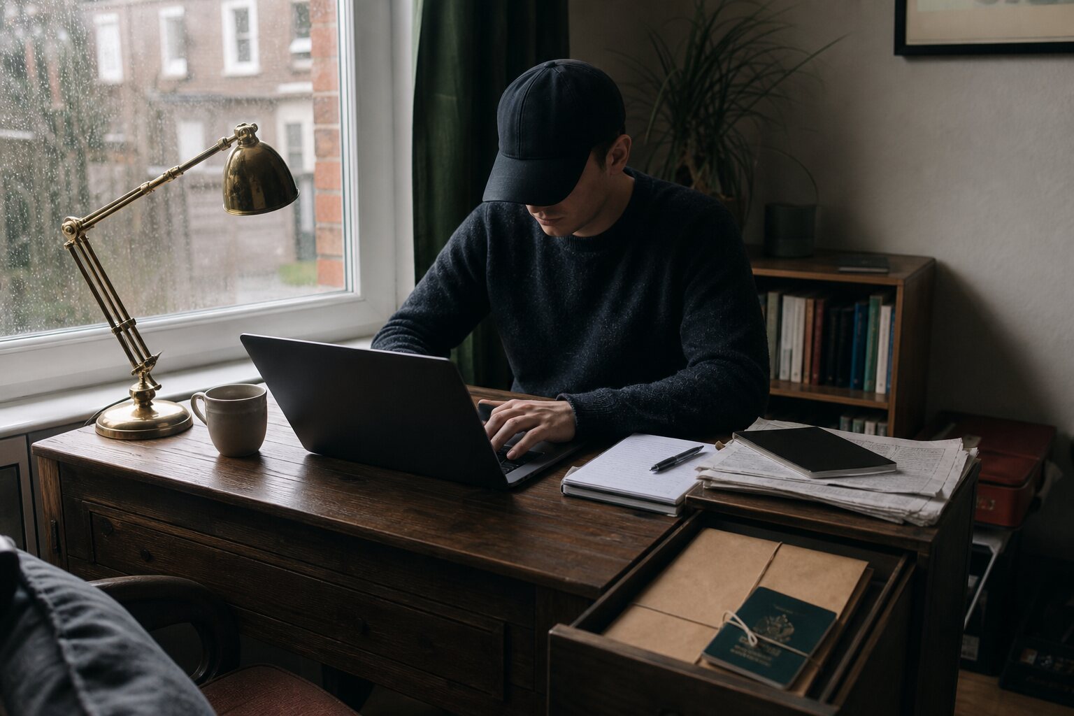 Pseudonymous writer working at a dedicated desk with identity papers stored separately.