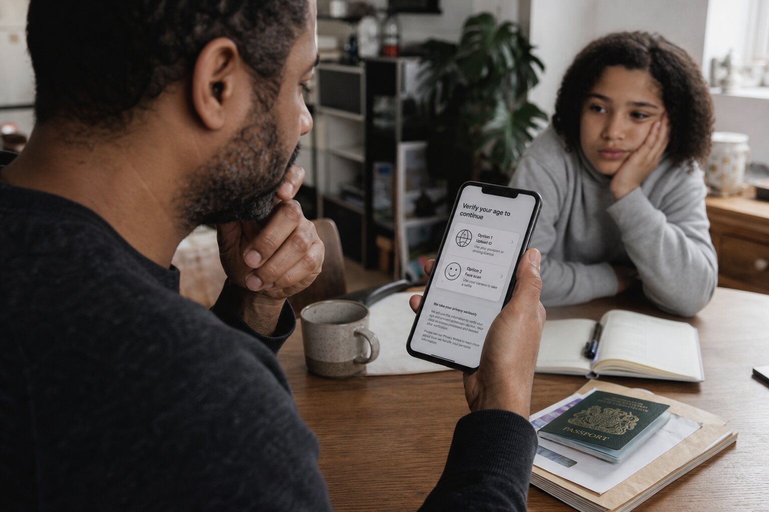 Parent weighing document upload and face-scan options for an age check.