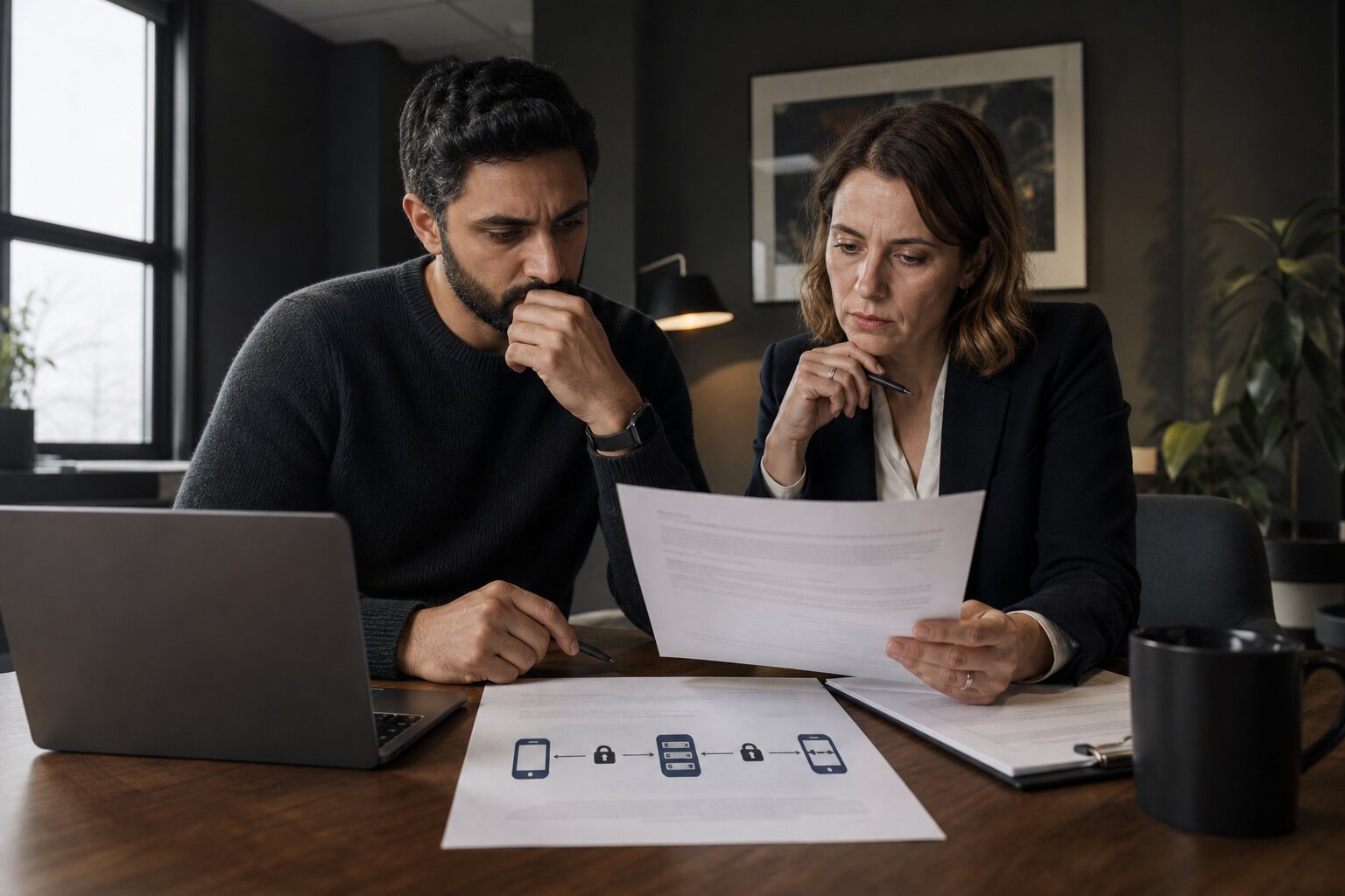Security engineer and legal adviser reviewing an access demand and encryption diagram.