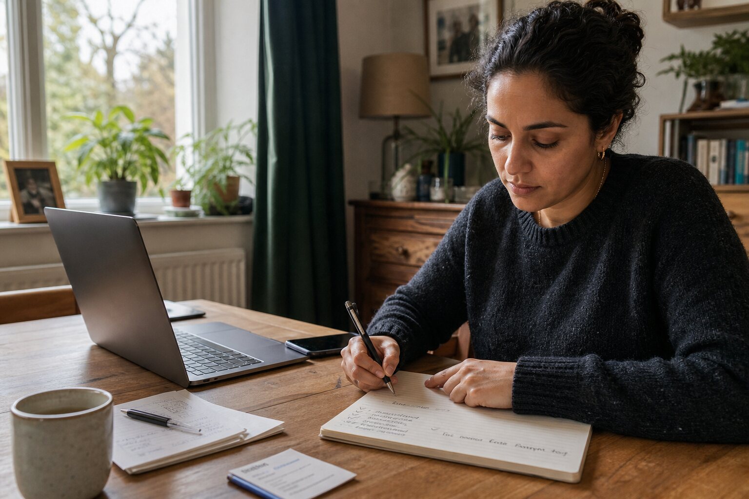 Person writing a response plan beside a laptop and recovery materials.