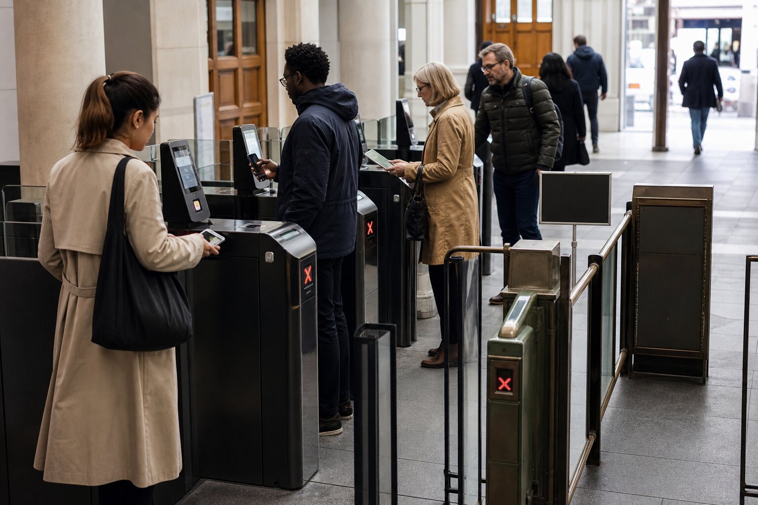 People presenting phones at digital access gates inside a public building.