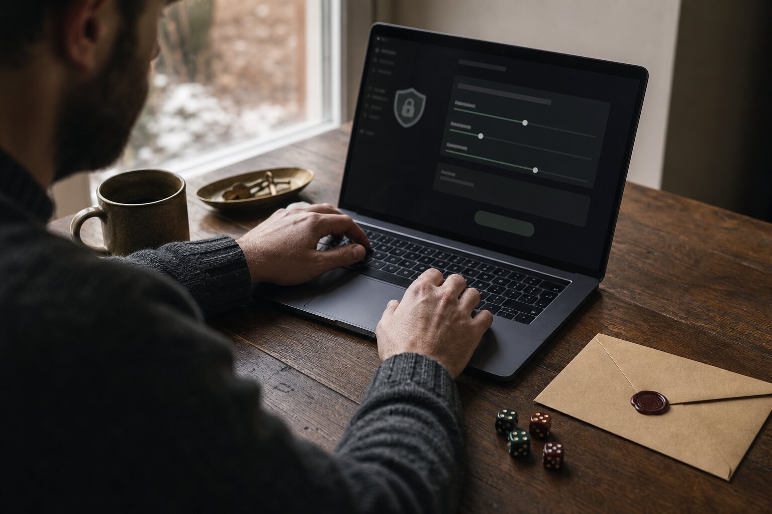 Person creating strong credentials beside dice and a sealed recovery envelope.