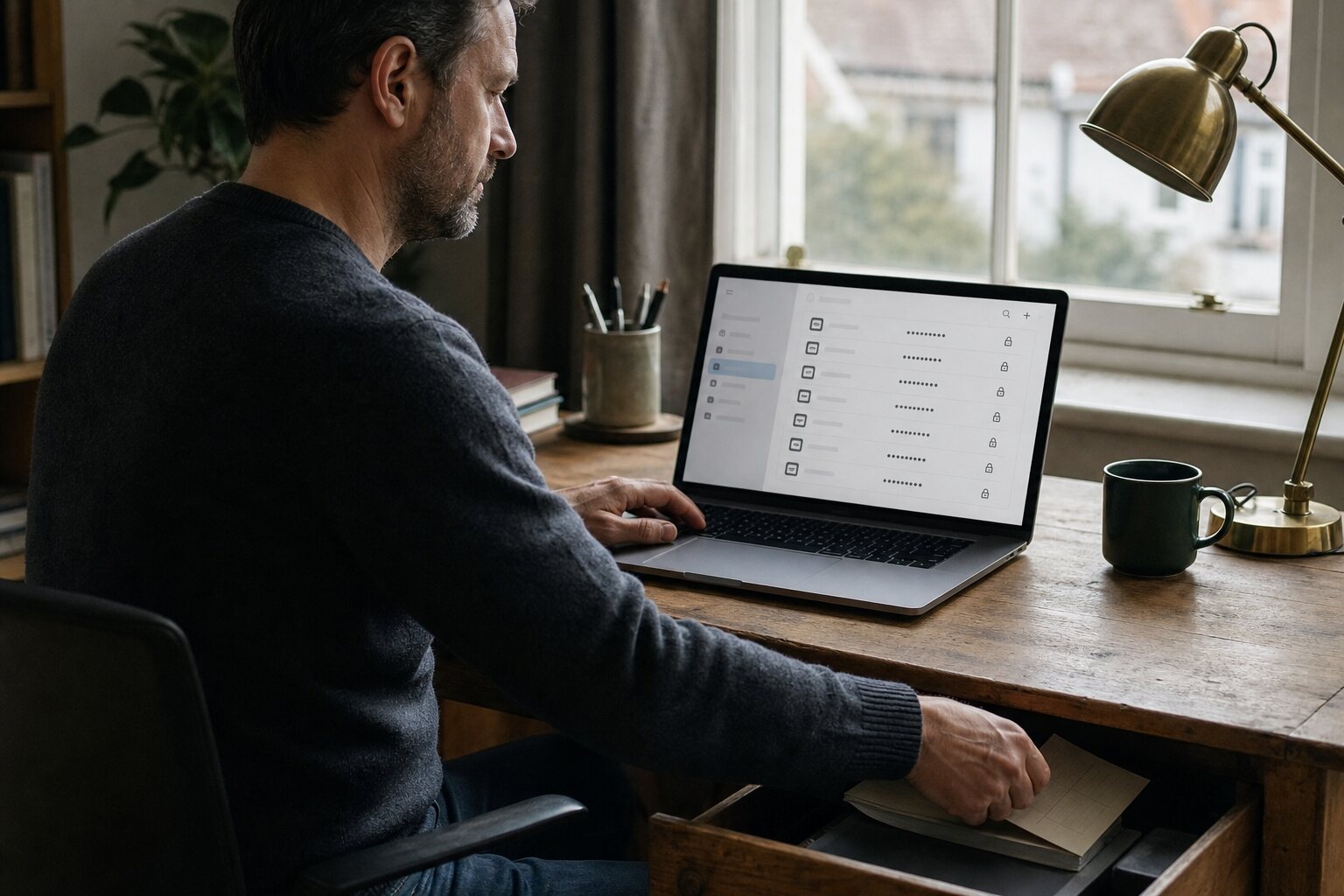Person organising account entries in a password manager.