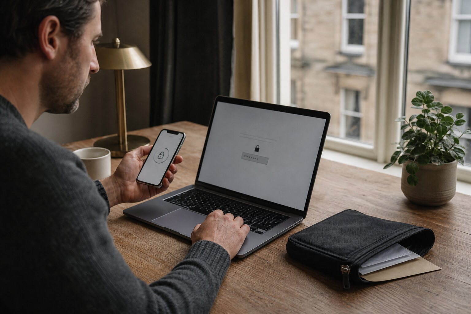 Person completing a sign-in with a laptop and separate phone authenticator.