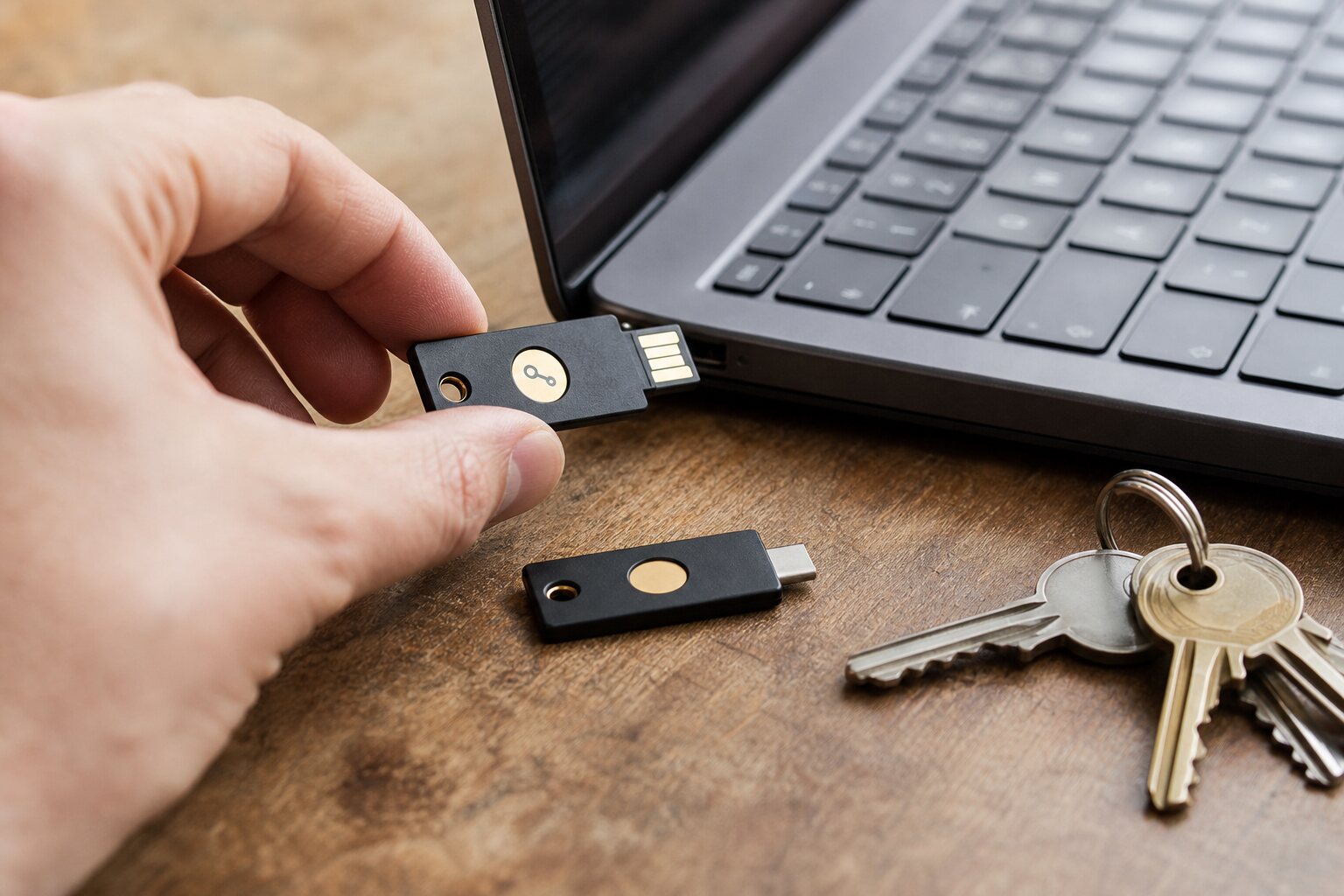 Hand connecting a hardware security key beside a second key and house keys.