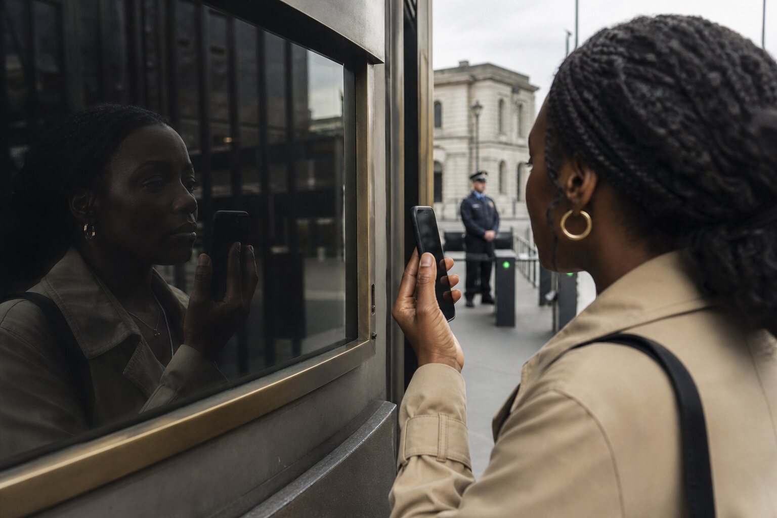 Person using a phone face scan near a guarded checkpoint.