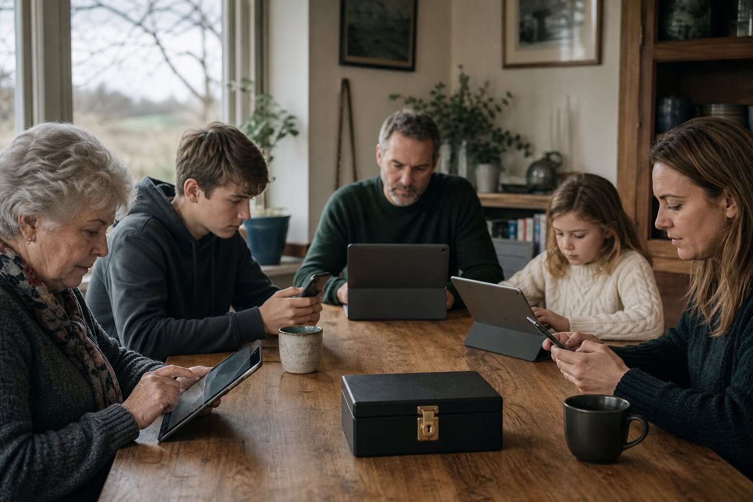 Multigenerational household using separate personal devices around one table.