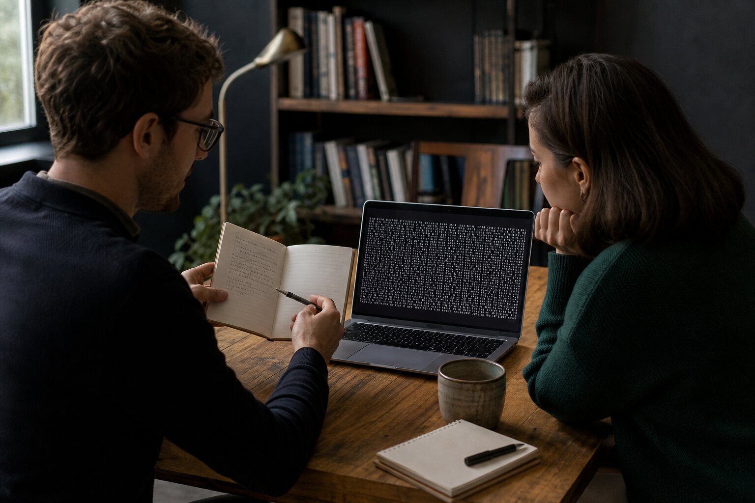 Tutor and learner comparing handwritten notes with encrypted data on a laptop.