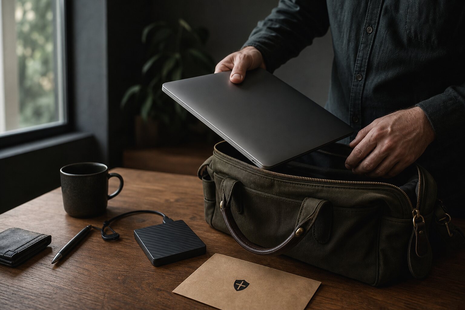 Person packing a powered-down laptop beside an external drive and recovery envelope.