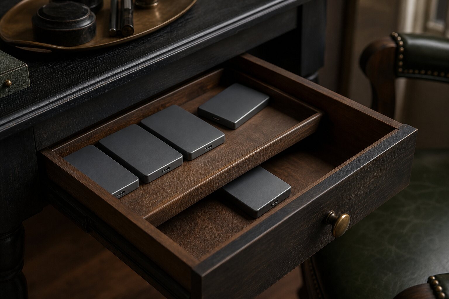 Identical storage drives arranged above and below a false drawer tray.