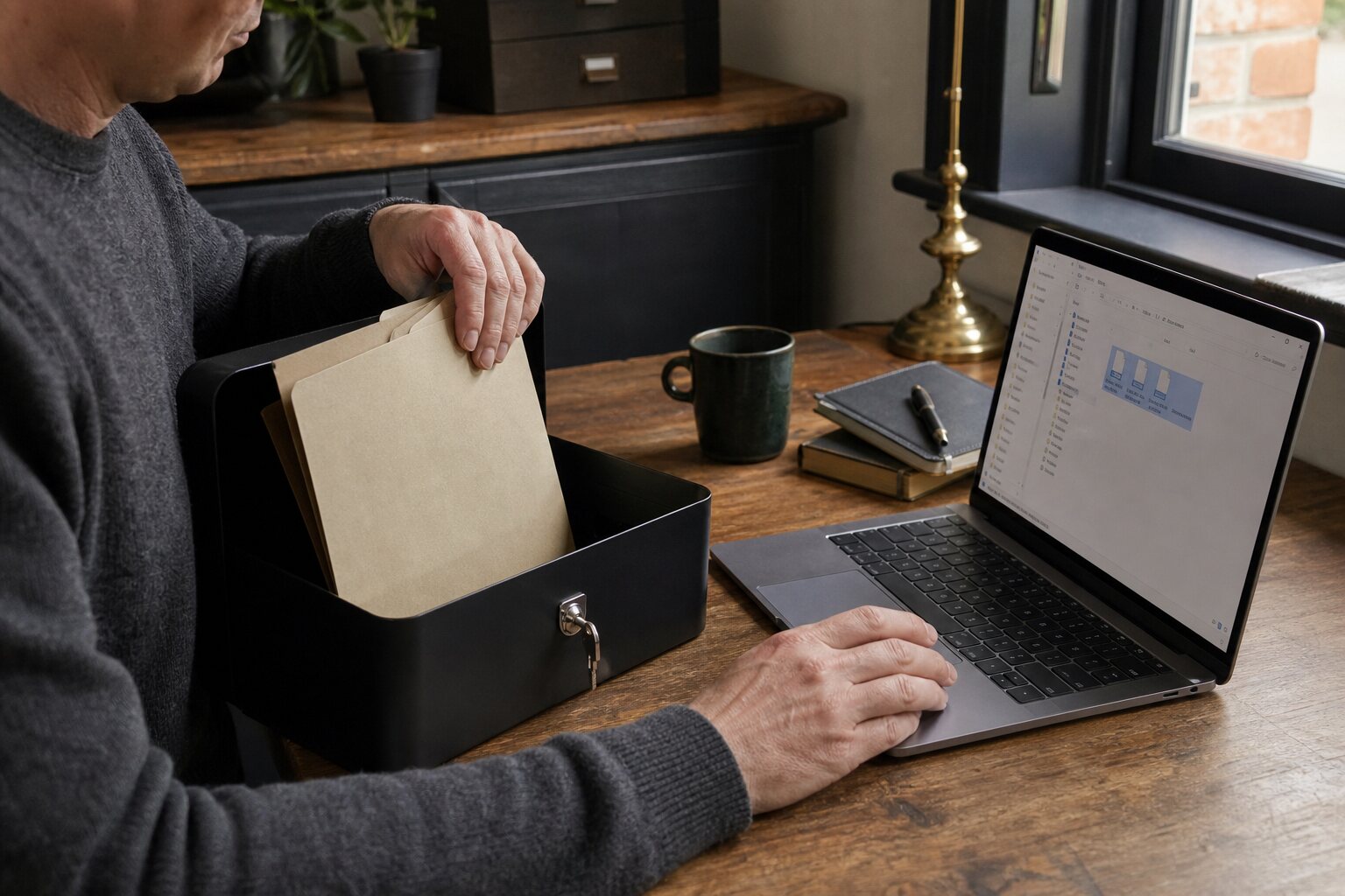 Person selecting digital files while placing paper folders in a lockable case.