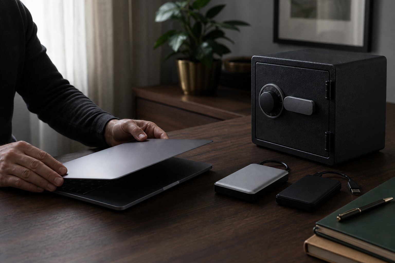 Person closing a laptop beside external drives and a small safe.