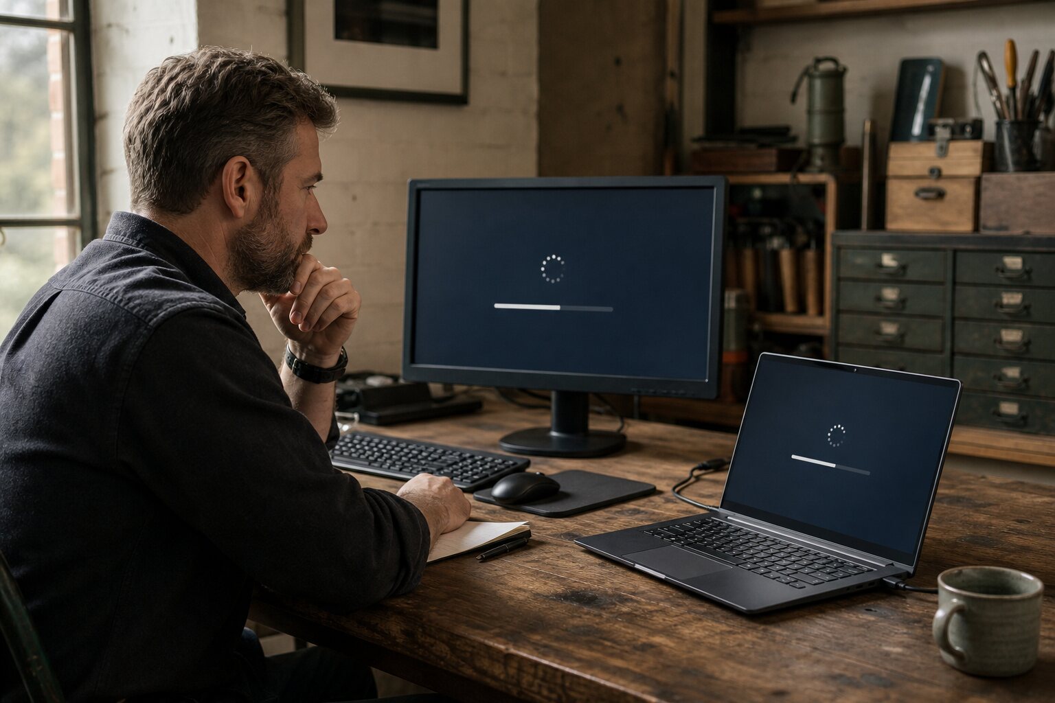 Person monitoring updates on a desktop computer and laptop.