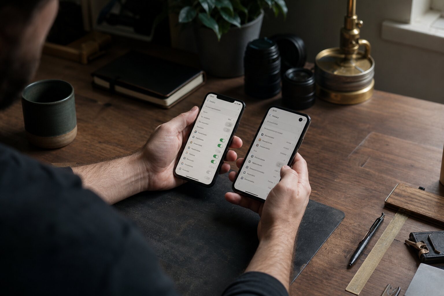 Person comparing privacy controls on two different smartphones.
