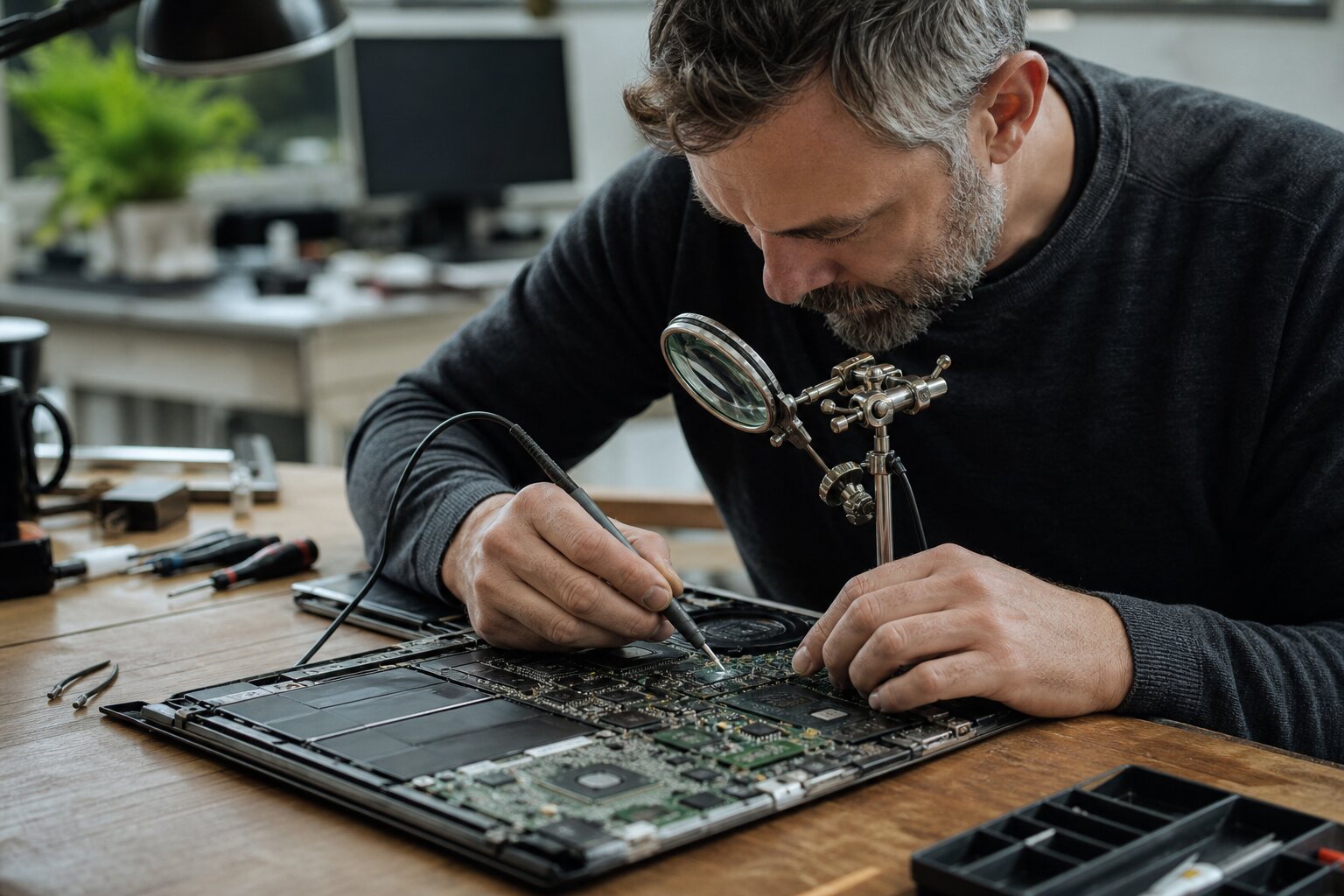 Technician probing components on an exposed laptop motherboard.