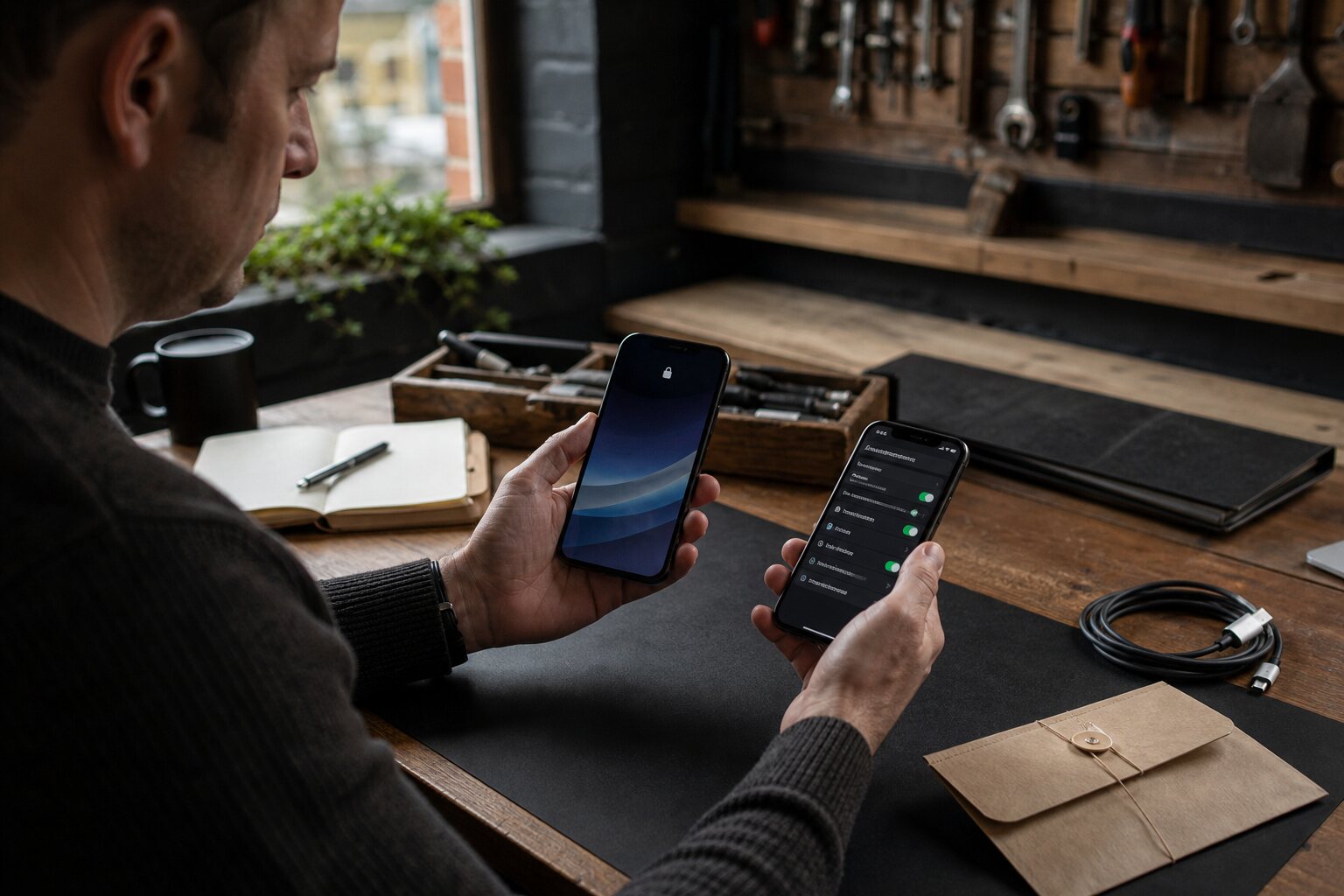 Person reviewing security settings on two smartphones at a workbench.