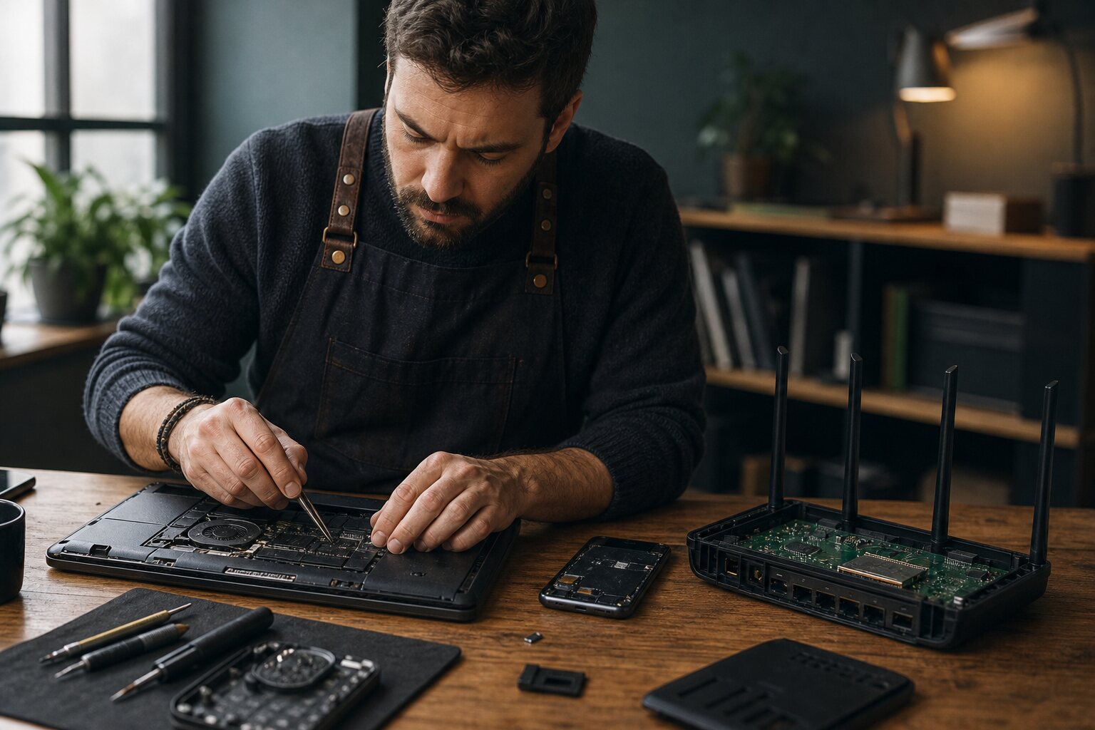 Repair technician examining a laptop, phone and open router at a workbench.
