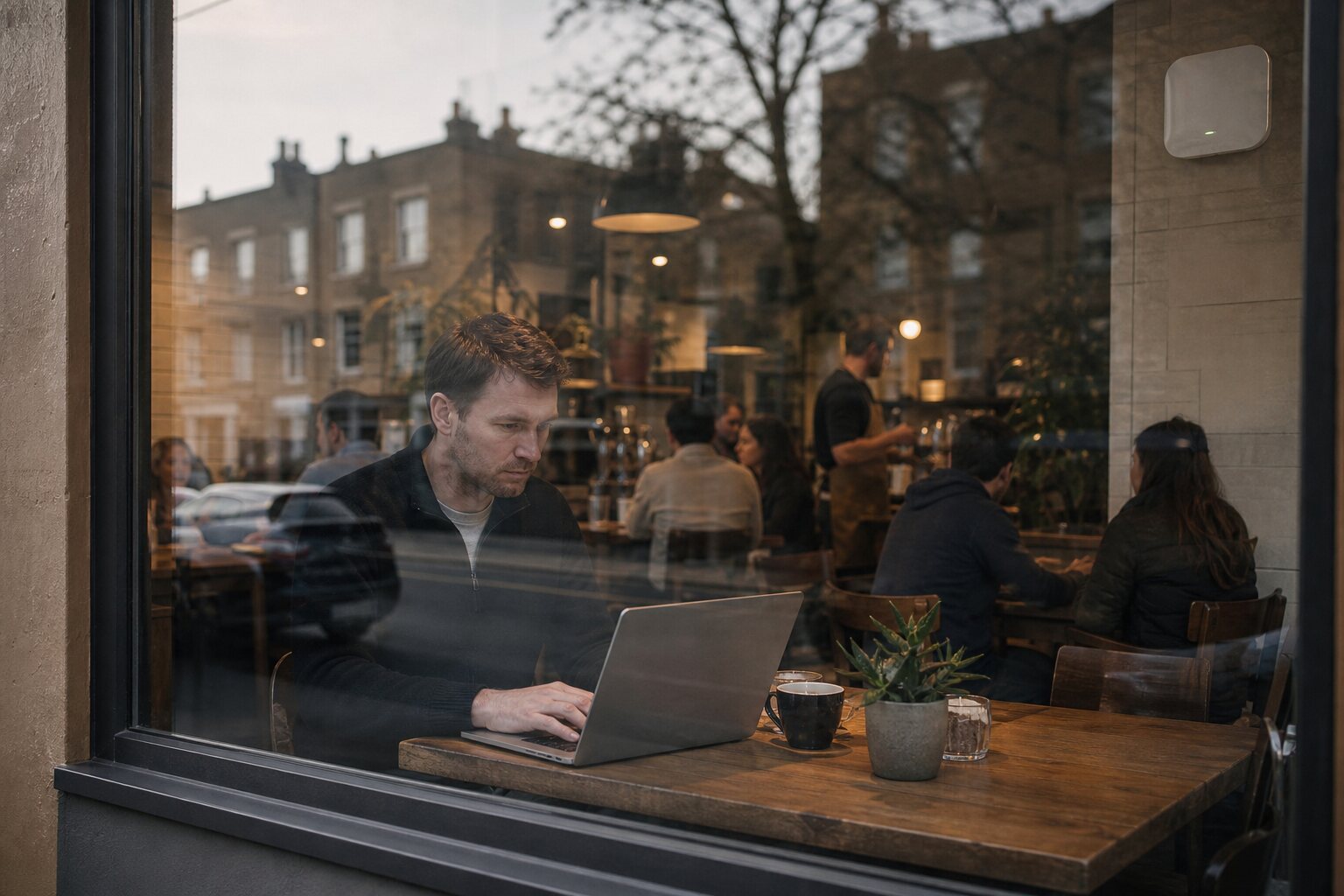 Laptop user seen through a cafe window near a wireless access point.