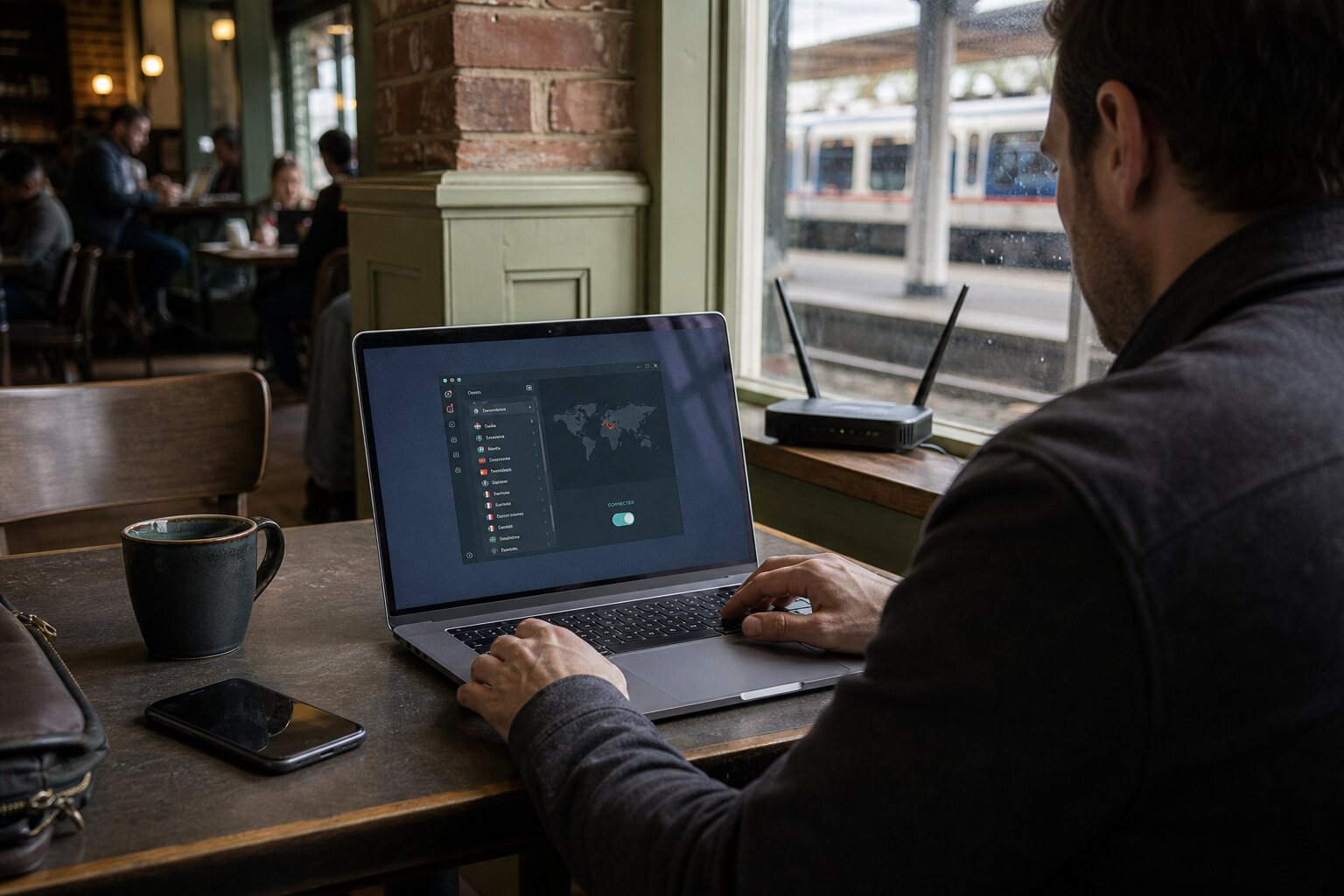 Traveller connecting a laptop to a VPN in a station cafe.