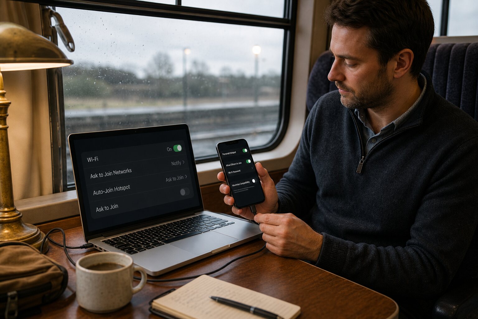 Train passenger tethering a laptop to a personal phone.