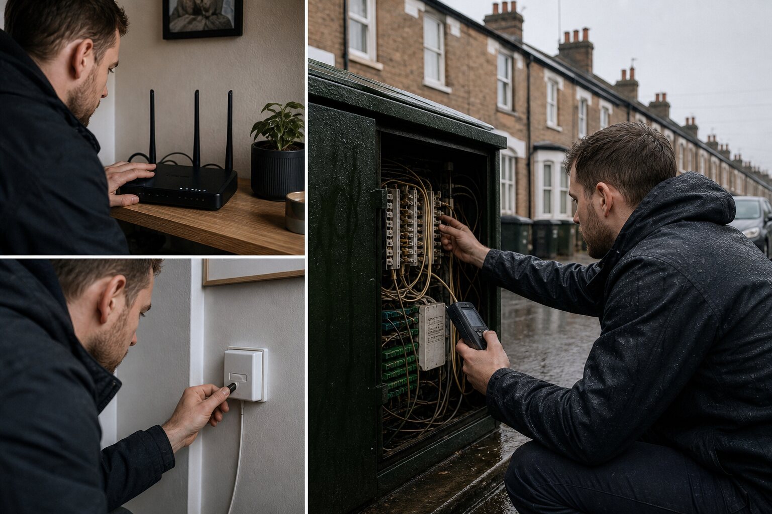 Broadband engineer tracing a connection from a home router to a street cabinet.