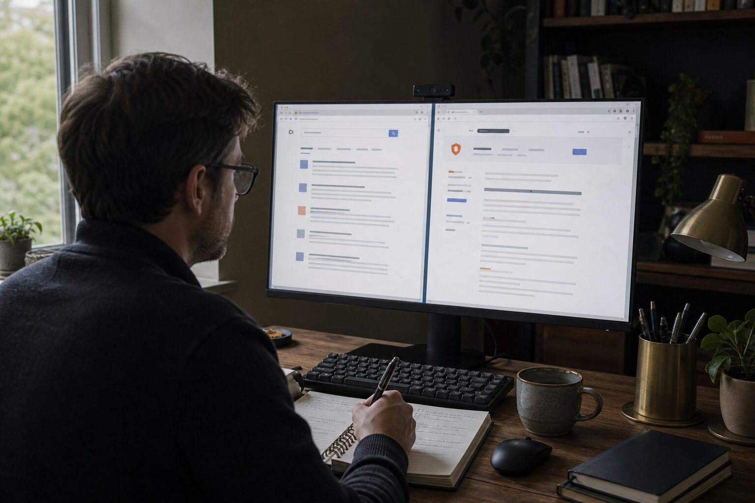 Person comparing two browser and search interfaces on a wide monitor.