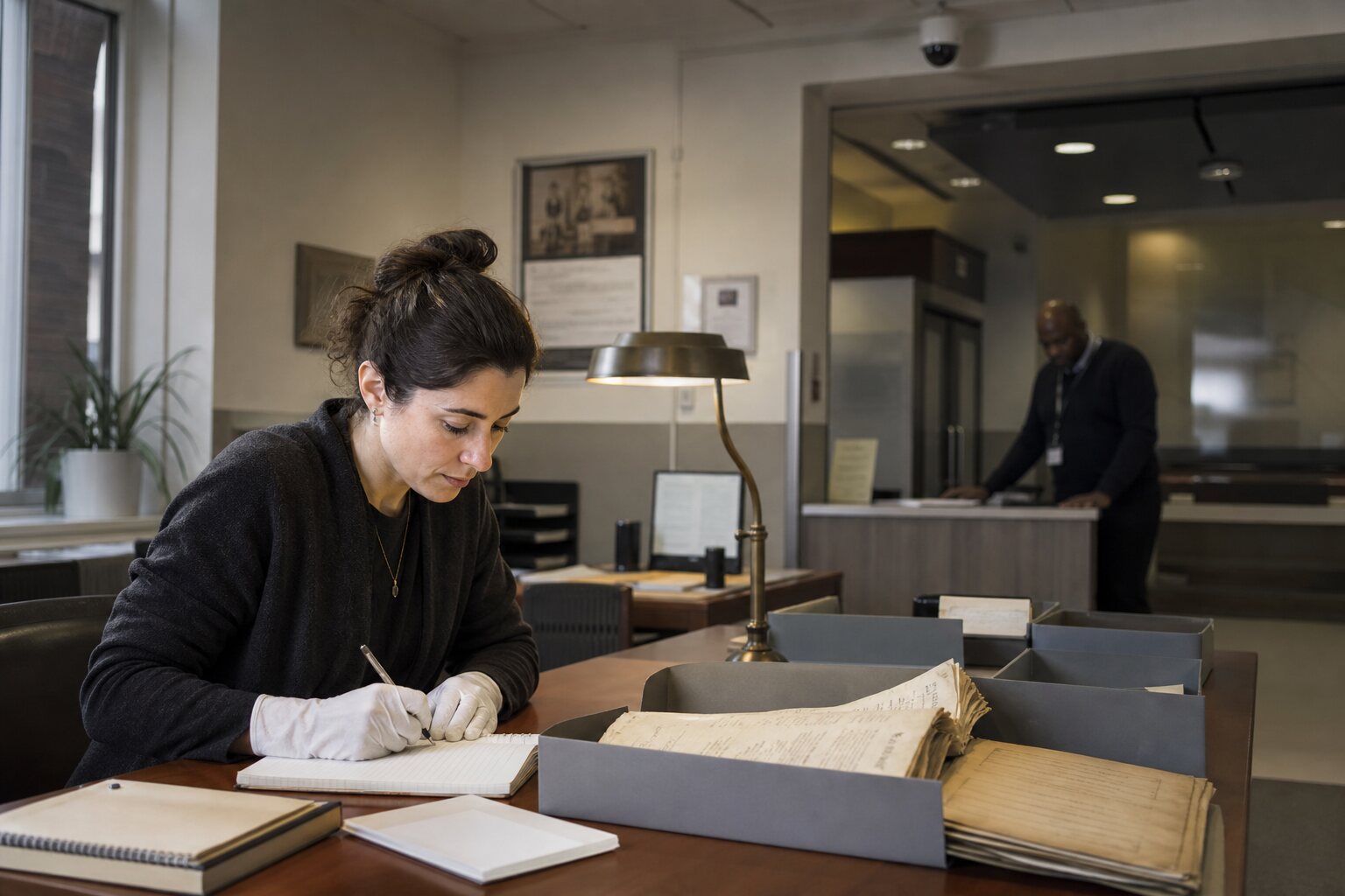 Researcher taking careful notes from public records in a monitored archive.