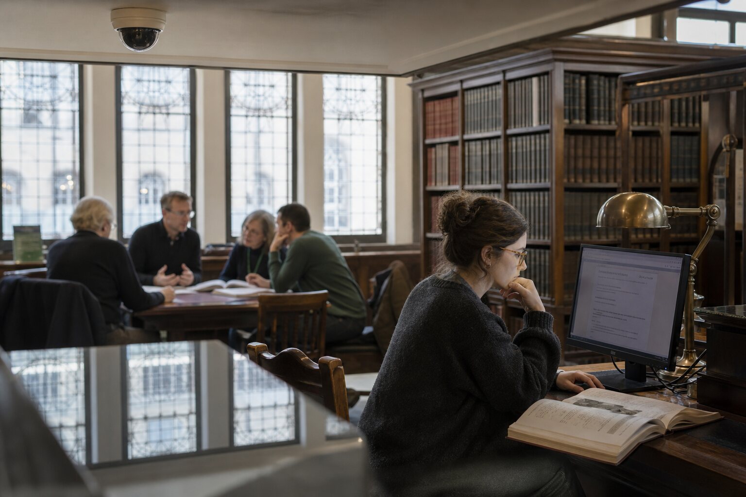 Researcher using a library computer beneath a visible ceiling camera.