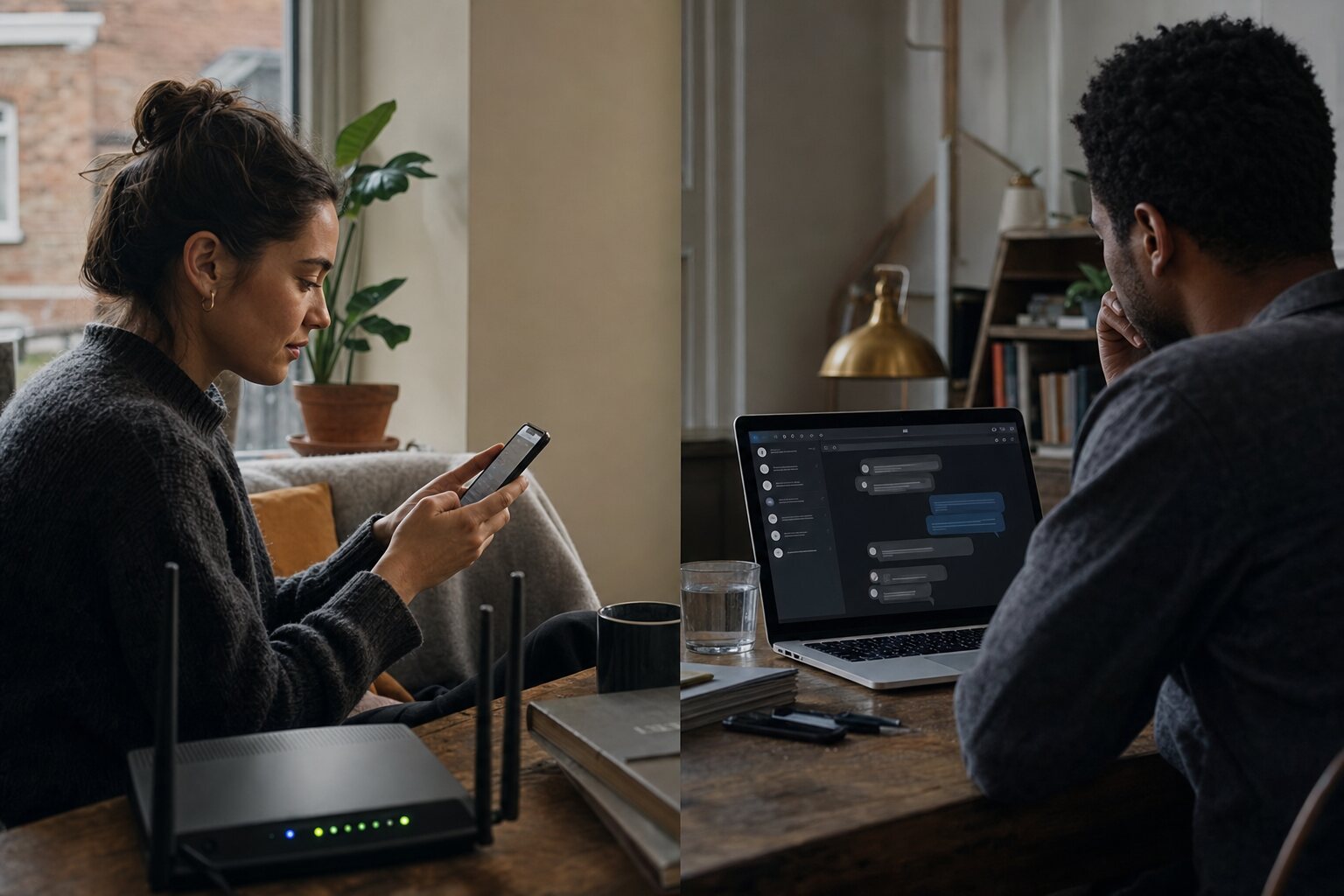 Two people exchanging messages on a phone and laptop in the same home.