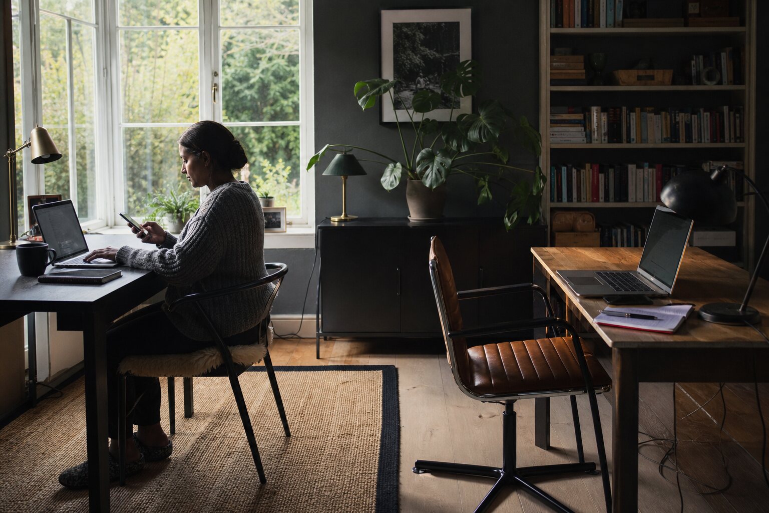 Person working between two physically separate desks and device sets.